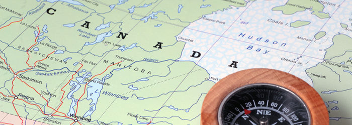 Zoomed in map of Canada with compass