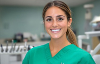 Woman wearing scrubs smiling